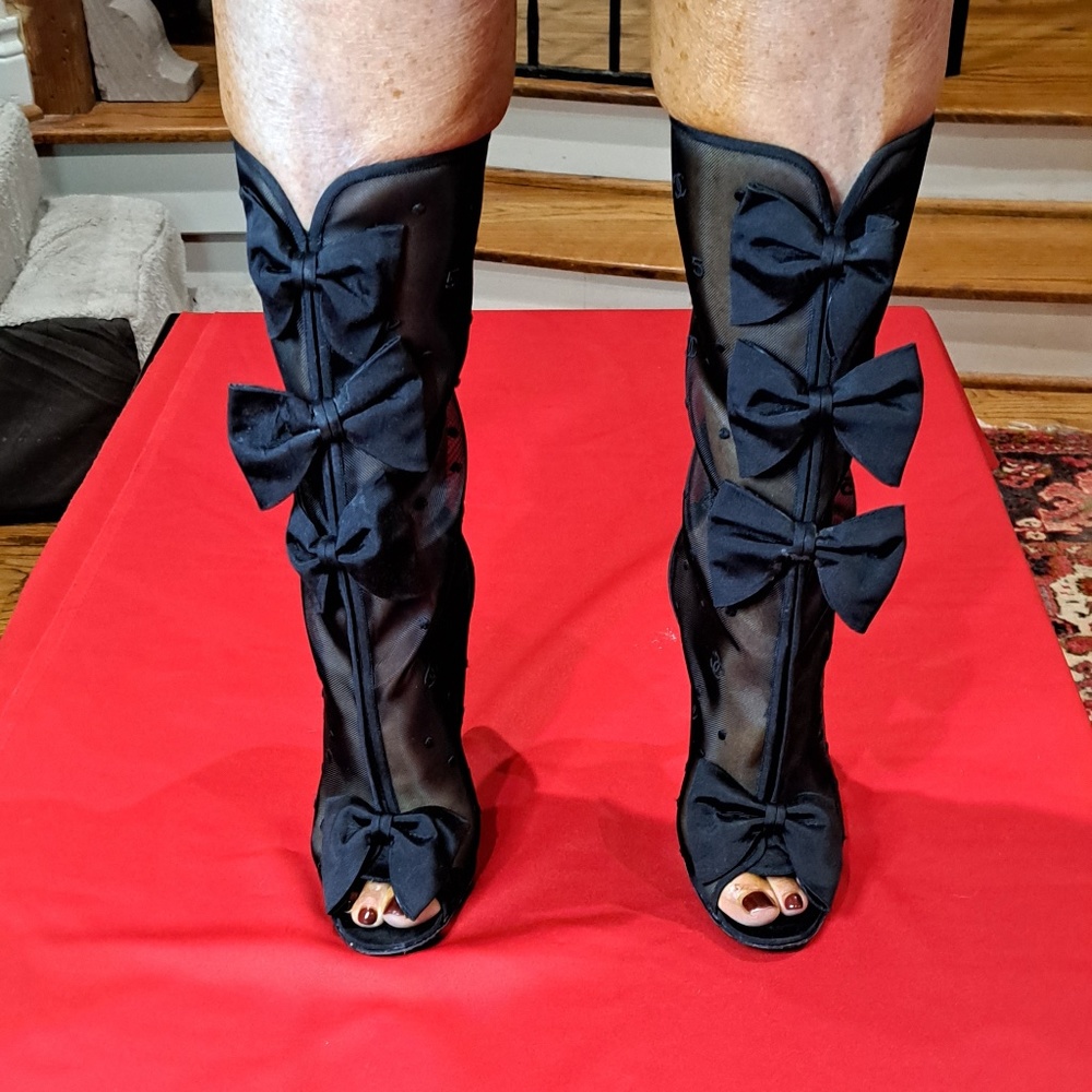 Chanel Mesh Grosgrain Bow Peep Toe Mid Calf CC Logo Boots